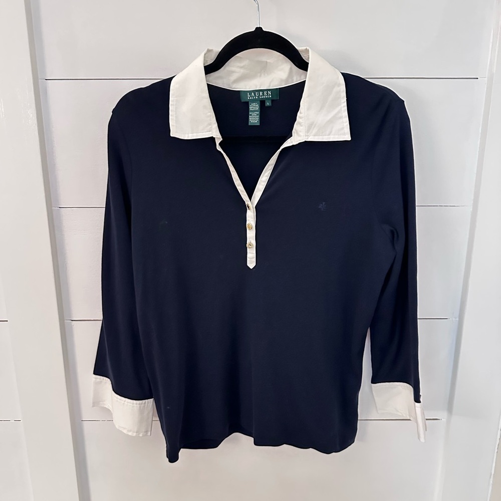LAUREN RALPH LAUREN Navy 100% cotton soft 1/2 button white trim cuff sleeve top